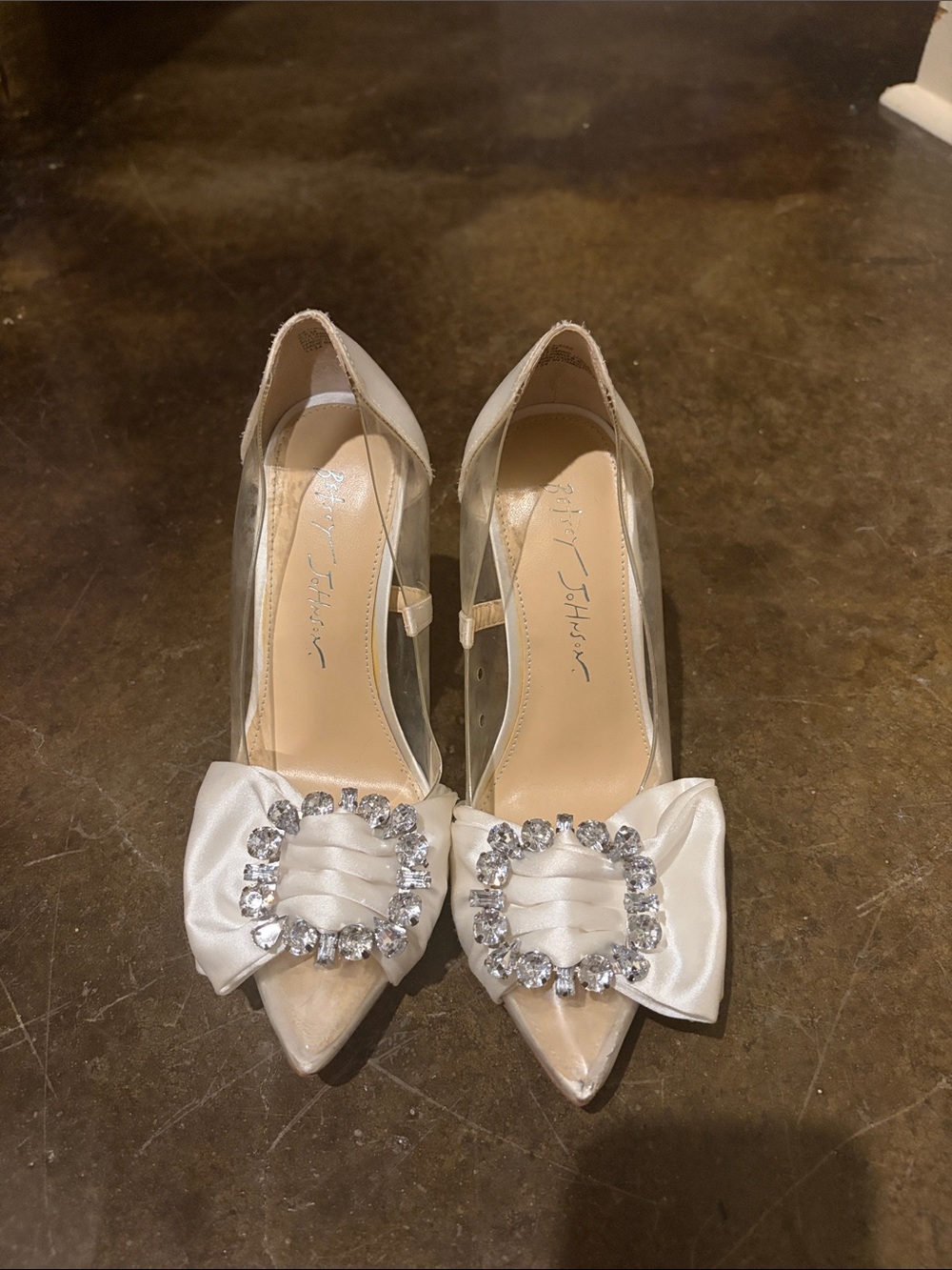 Badgley Mischka Ivory Satin Pointed Toe Heels with Crystal Embellishment